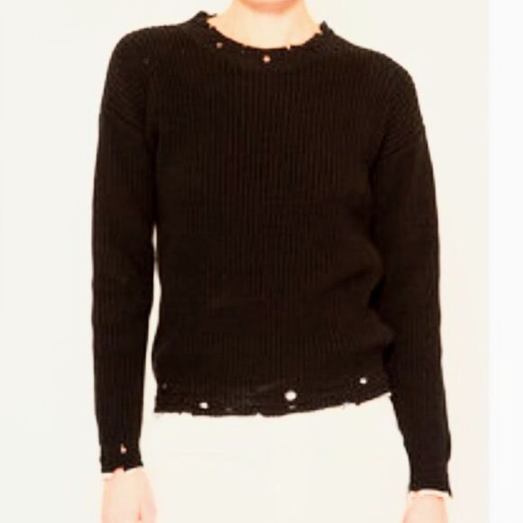 IRO Jeans Eber Distressed Black Sweater White Trim Chunky Cotton Knit Pullover L - Picture 1 of 15